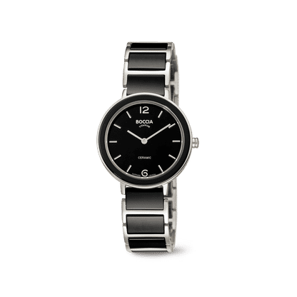 Boccia Damenarmbanduhr mit schwarzem Zifferblatt, Keramikgehäuse und Metallband