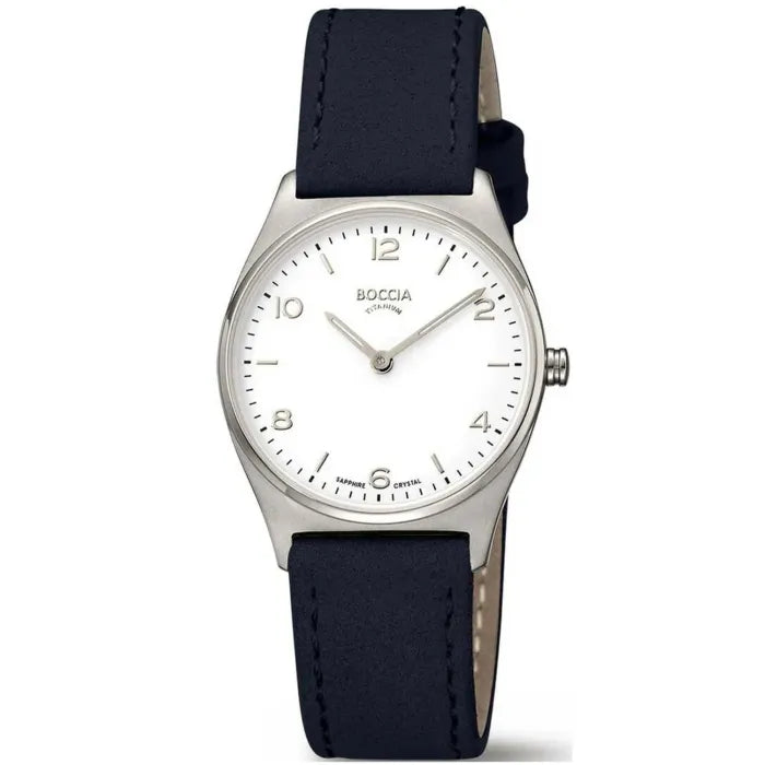 Boccia Titan-Armbanduhr für Damen mit blauem Lederarmband, weißem Zifferblatt und Zeigern