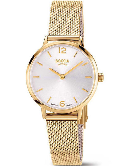 Goldfarbene Boccia Titanium Damenarmbanduhr mit weißem Zifferblatt und Mesharmband