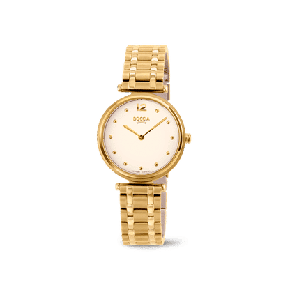 Boccia Damenarmbanduhr mit rundem, goldenem Gliederarmband und weißem Zifferblatt