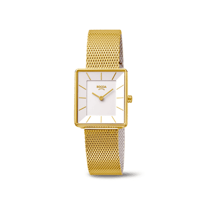 Damenarmbanduhr Boccia mit goldenem Mesh-Armband, goldener Lünette und rechteckigem Zifferblatt