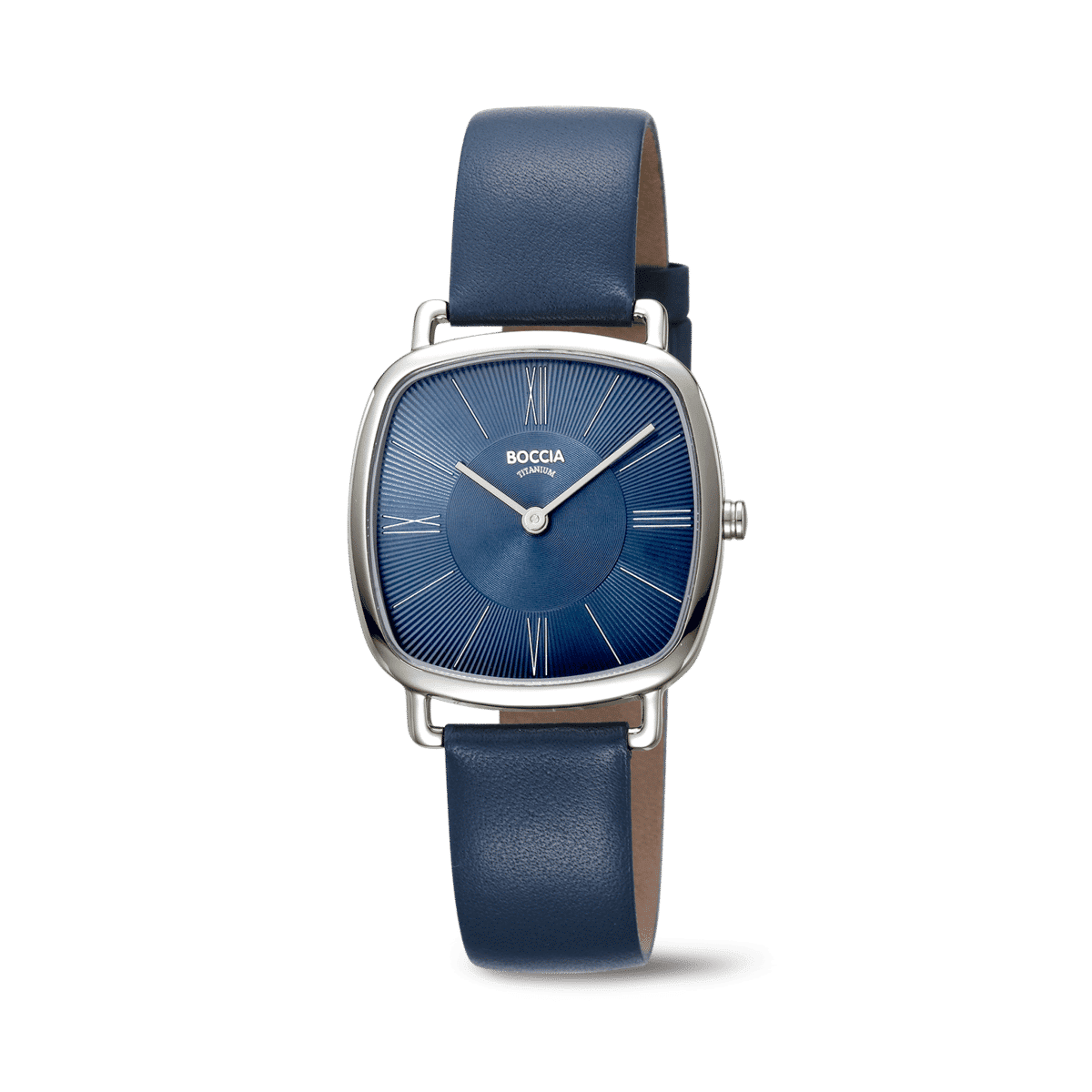 Damenarmbanduhr Boccia mit blauem Lederband, silbernes Gehäuse und rundes Zifferblatt