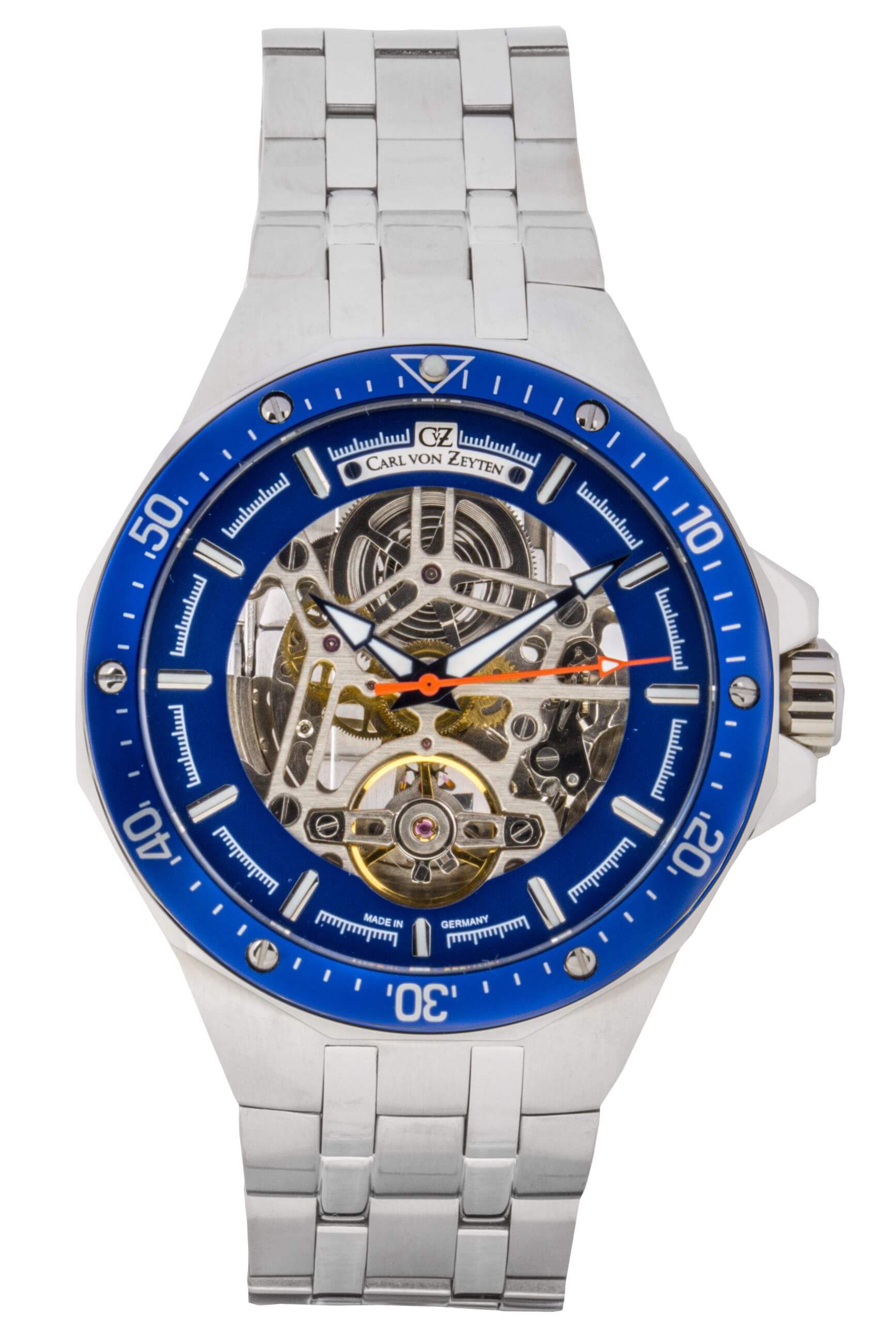 Carl von Zeyten Herrenuhr mit skelettiertem Automatikwerk, blauem Zifferblatt, silbernem Edelstahlband