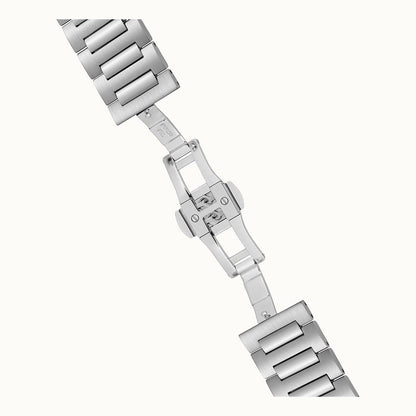 Herrenarmbanduhr Armbandansicht: Edelstahlglieder mit Verschluss und Befestigungsmechanismus