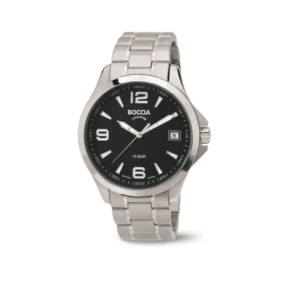 Herrenarmbanduhr Boccia mit schwarzem Zifferblatt, silbernem Metallarmband und Datum