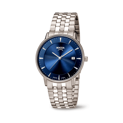 Boccia Herrenarmbanduhr mit blauem Zifferblatt, Datumsfenster und Metallarmband