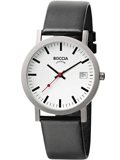 Herrenarmbanduhr Boccia mit Titan-Gehäuse, schwarzem Lederband, weißem Zifferblatt und Datumsfenster