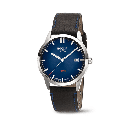 Boccia Herrenarmbanduhr mit Solar, blauem Zifferblatt und Lederarmband, rundes Gehäuse