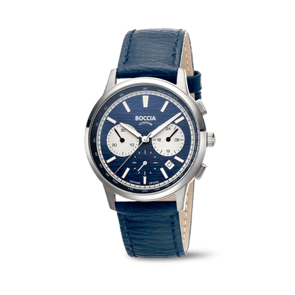 Herrenarmbanduhr mit blauem Lederarmband, rundem Zifferblatt und Chronographen-Zählern