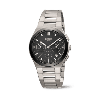Boccia Herrenarmbanduhr mit Chronograph, schwarzem Zifferblatt und Titankettenarmband