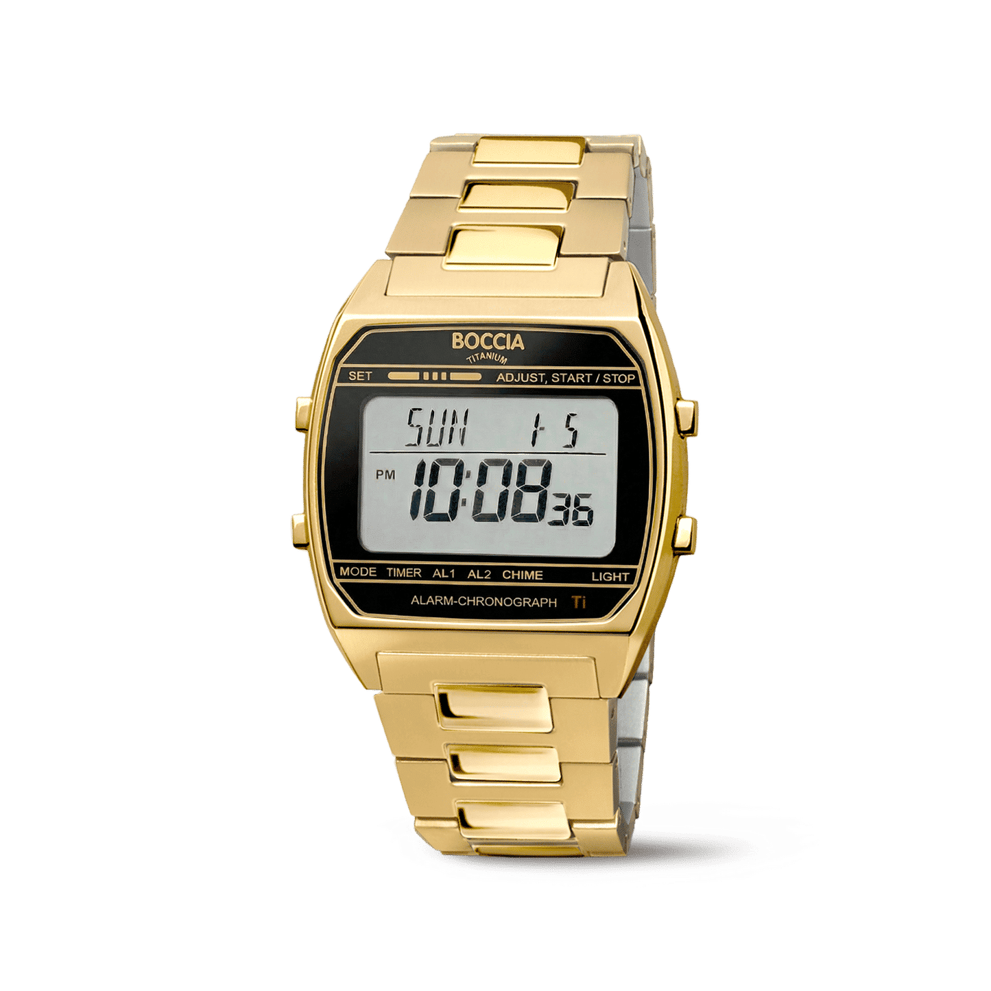 Titan-goldfarbene Armbanduhr mit Metallarmband, digitalem Display und Chronograph/Alarm