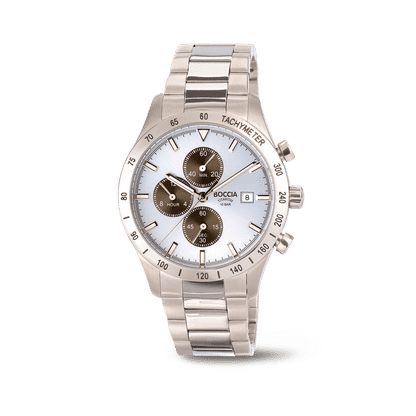 Boccia Herren-Armbanduhr mit Chronograph, Tachymeter-Lünette und weißem Zifferblatt, Titanband