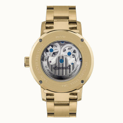 Rückseite einer goldfarbenen Herrenarmbanduhr mit Automatikwerk und Sichtfenster