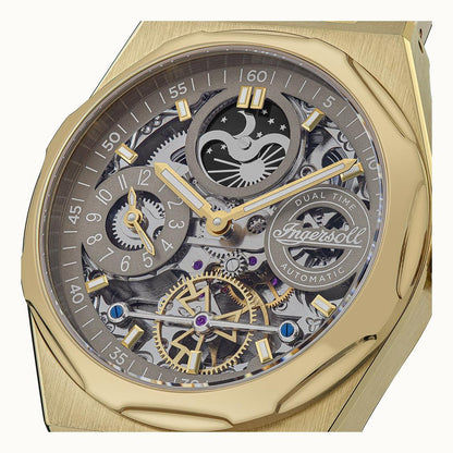 Goldfarbene Armbanduhr mit offenem Zifferblatt, Dual-Time Aufdruck am Werk
