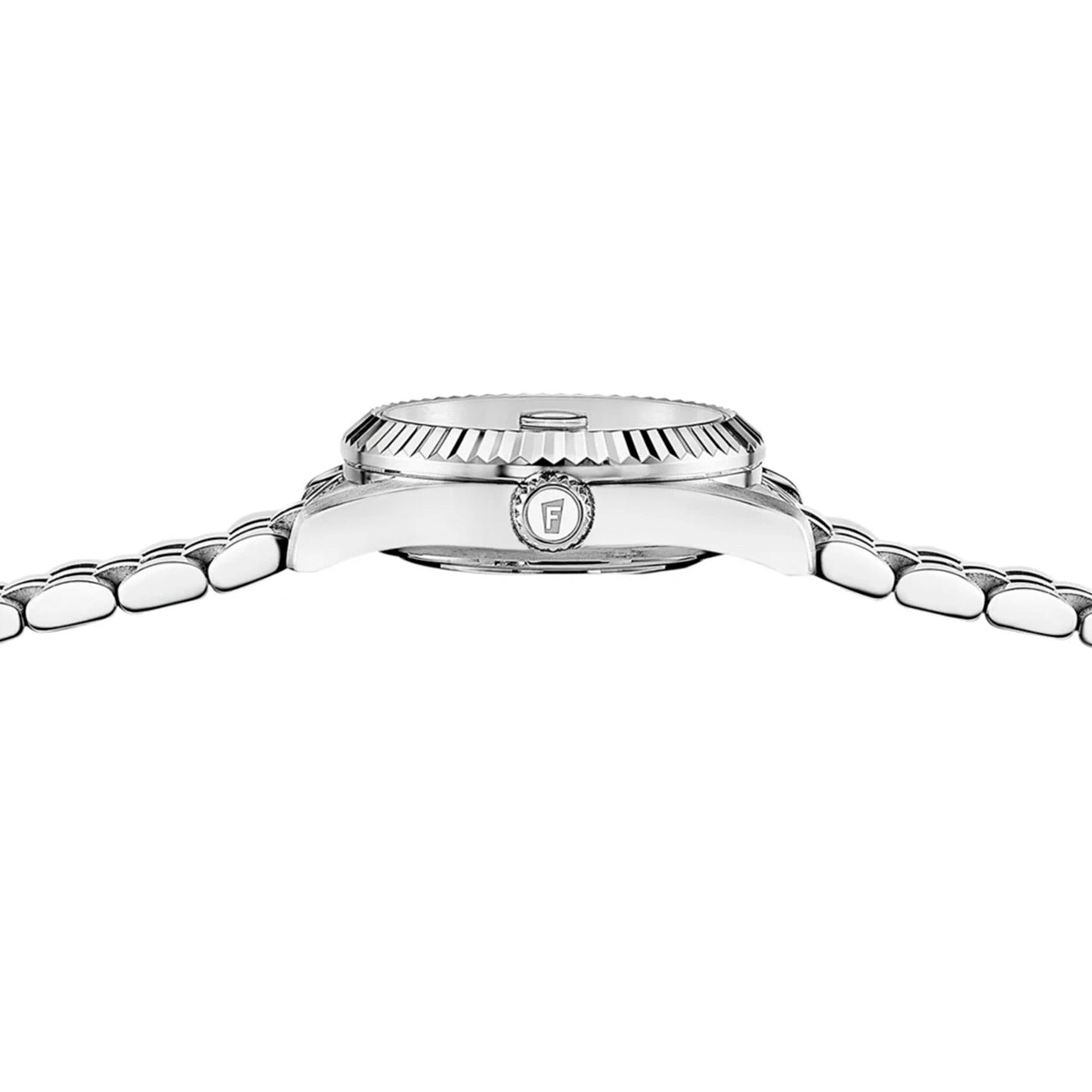Festina Damenuhr Gehäuseoberseite mit geriffelter Lünette und verschraubter Krone.
