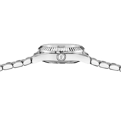 Festina Damenuhr Gehäuseoberseite mit geriffelter Lünette und verschraubter Krone.