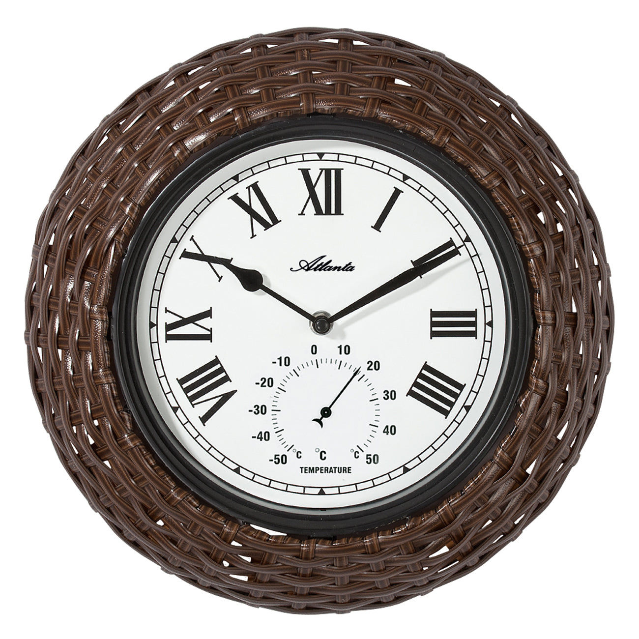 Horloge murale ronde avec cadre tressé marron, chiffres romains et indicateur de température