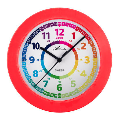 Horloge murale ronde avec cadre rouge, cadran blanc et chiffres d'apprentissage colorés