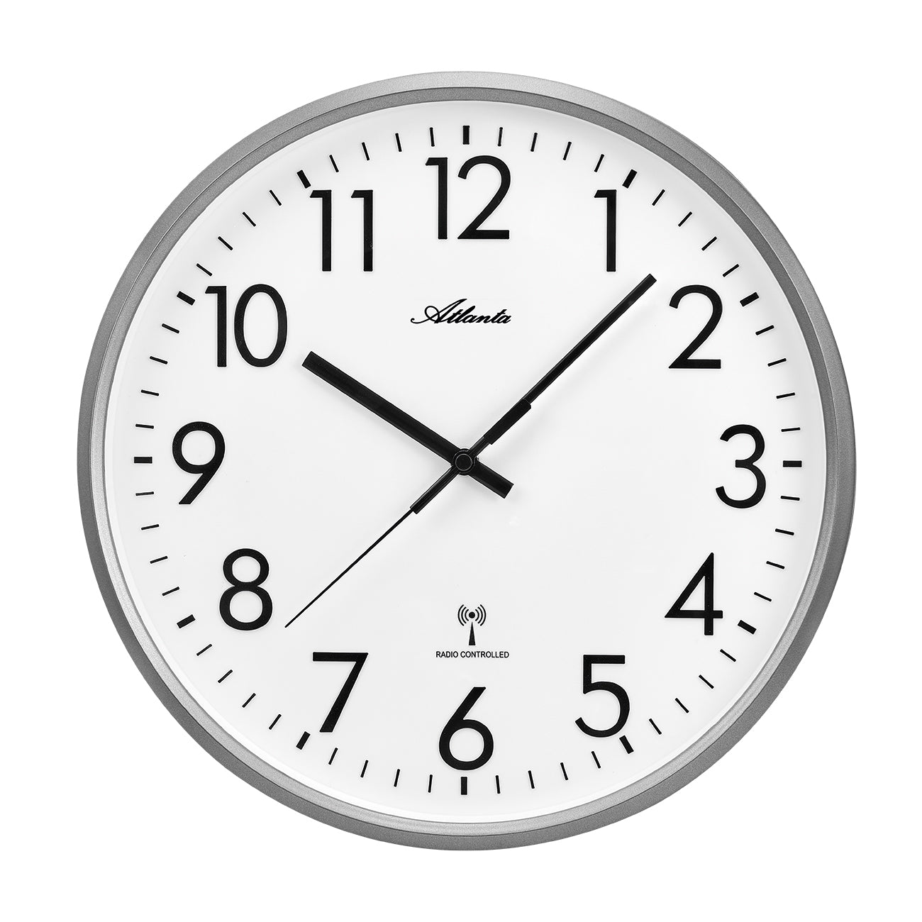 Horloge murale ronde avec cadran blanc, grands chiffres arabes, cadre et aiguilles noirs