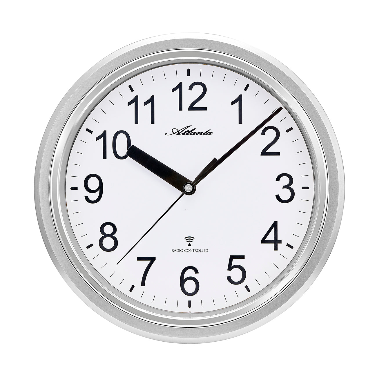Horloge murale Atlanta avec cadre argenté, cadran blanc et aiguilles noires