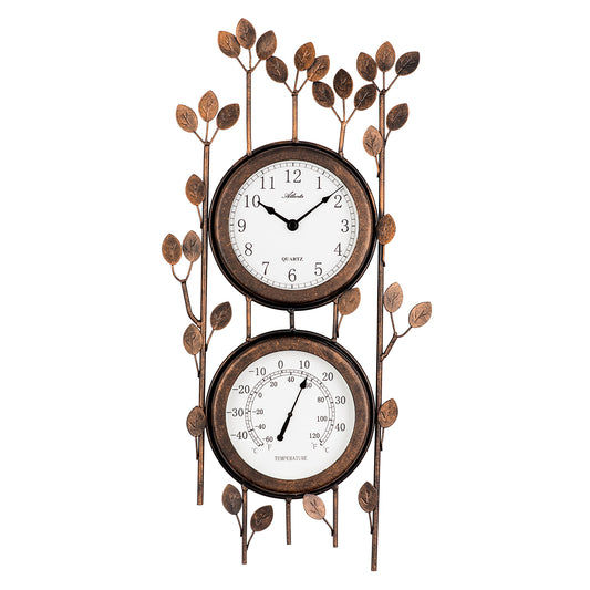 Horloge murale avec boîtier métallique massif, couleur cuivre, ronde, avec affichage de température et motif de feuilles grimpantes