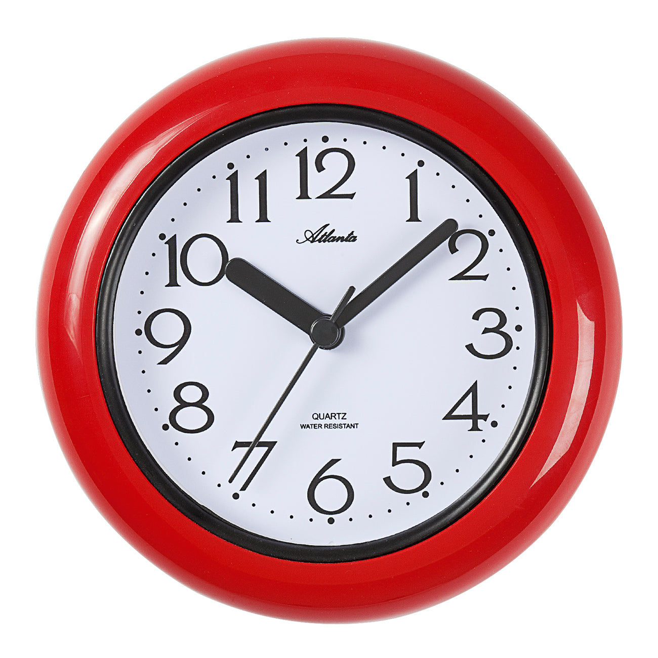 Horloge murale ronde avec boîtier rouge, cadran blanc et aiguilles noires