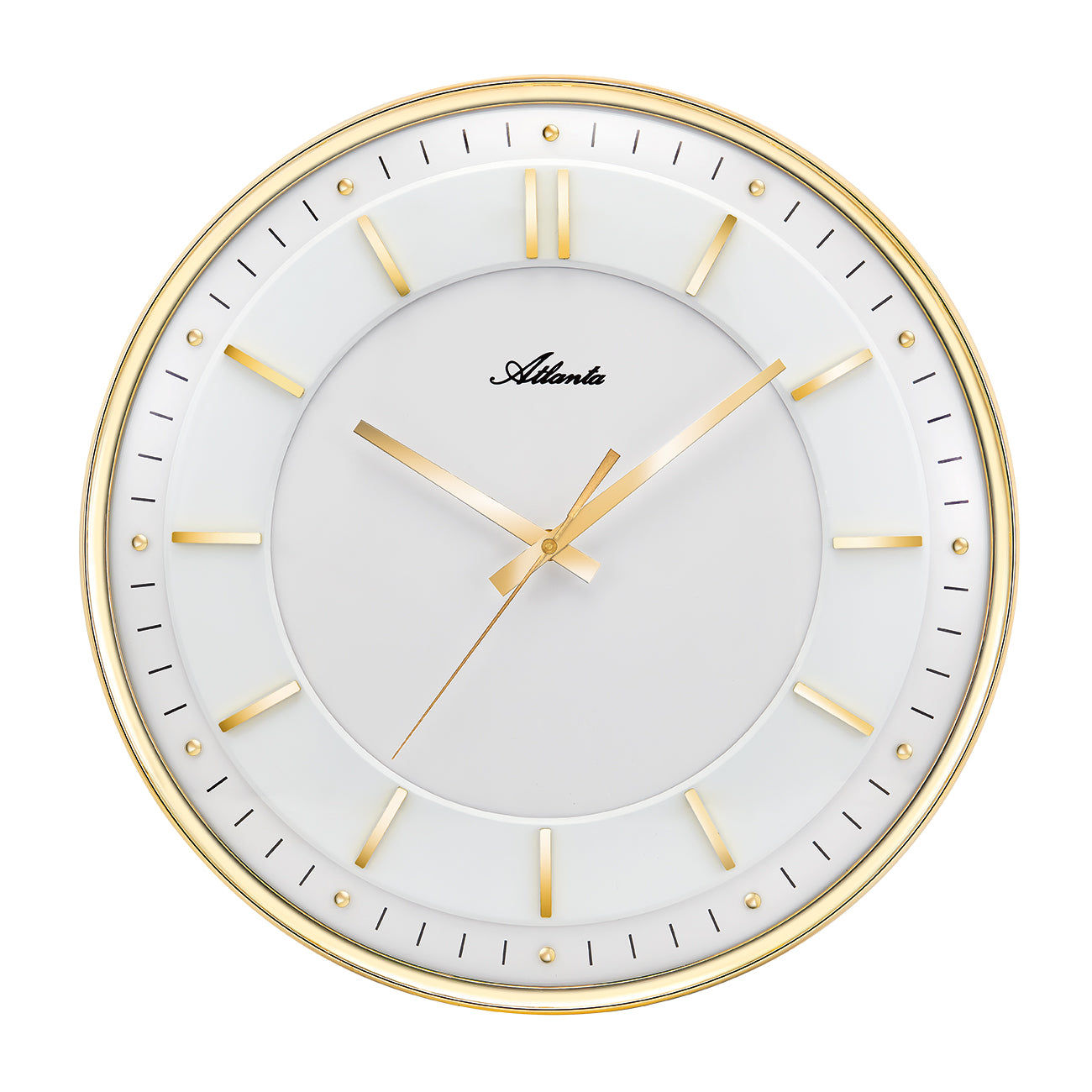 Horloge murale dorée avec cadran rond, aiguilles dorées et verre bombé