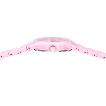 Festina Damenarmbanduhr: Gehäuse seitlich mit Krone, pinkes Keramikarmband
