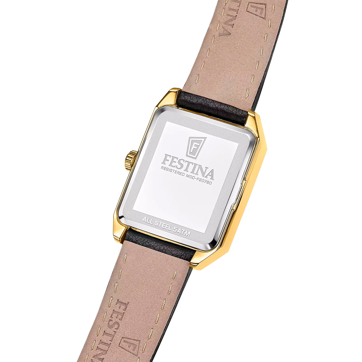 Festina Herrenuhr mit rechteckigem Gehäuse, weißem Zifferblatt und braunem Lederband
