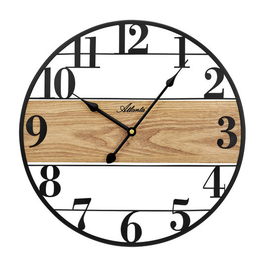 Horloge murale ronde, cadre noir, cadran décor bois, chiffres arabes