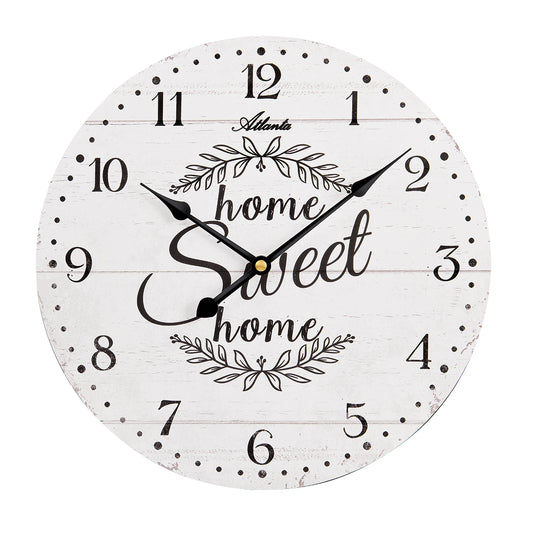 Horloge murale ronde avec chiffres arabes, inscription « home sweet home » et couronne de fleurs