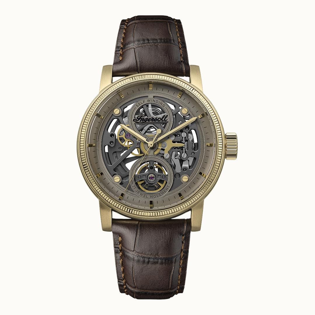 Ingersoll Automatik-Armbanduhr mit grauem Skelettzifferblatt, Lederband, Mineralglas