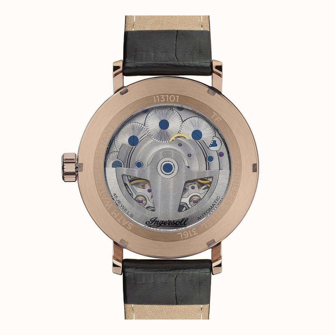 Herrenuhr-Rückseite mit Automatikwerk-Ansicht, schwarzem Lederband und roségoldener Lünette