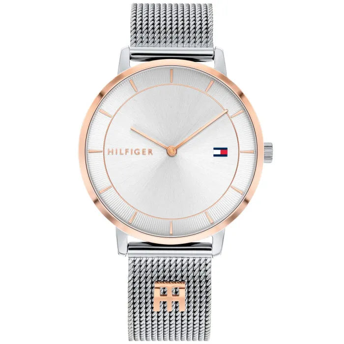 Tommy Hilfiger Damenarmbanduhr mit silbernem Milanaiseband, rundem Zifferblatt und roségoldener Lünette