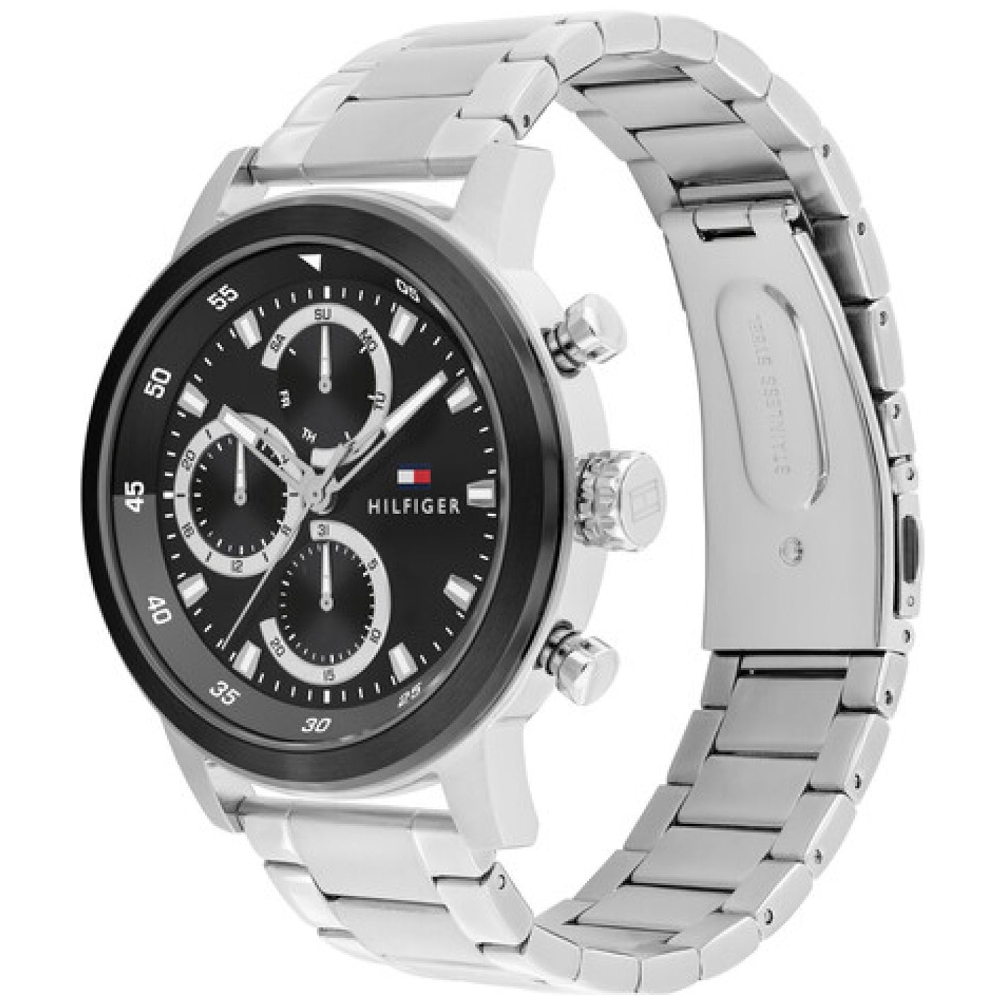 Herren-Quarzuhr mit schwarzem Zifferblatt, Chronograph-Zählern und Edelstahlarmband