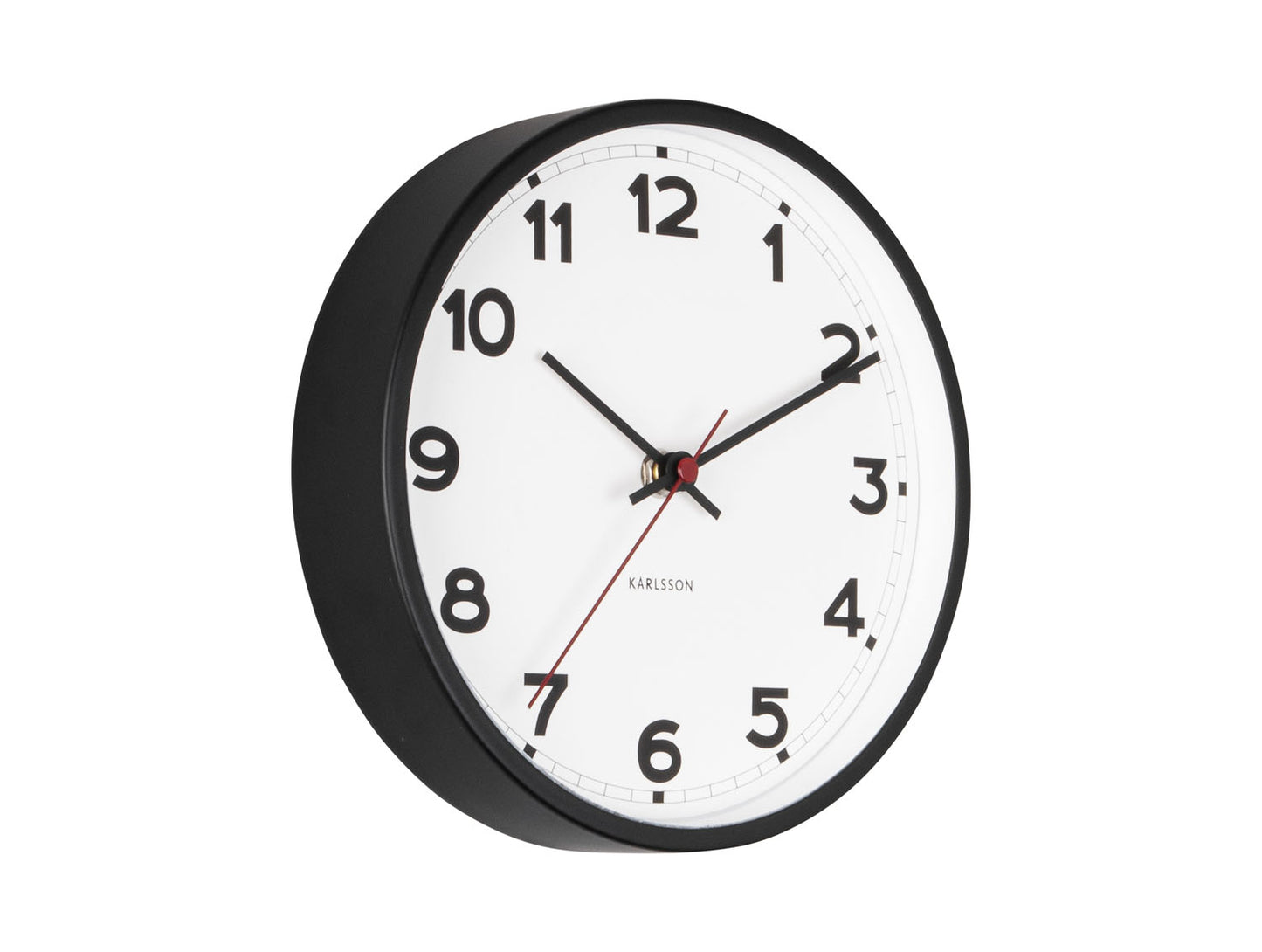 Petite horloge murale avec cadran blanc et bordure noire, aiguilles avec accent rouge