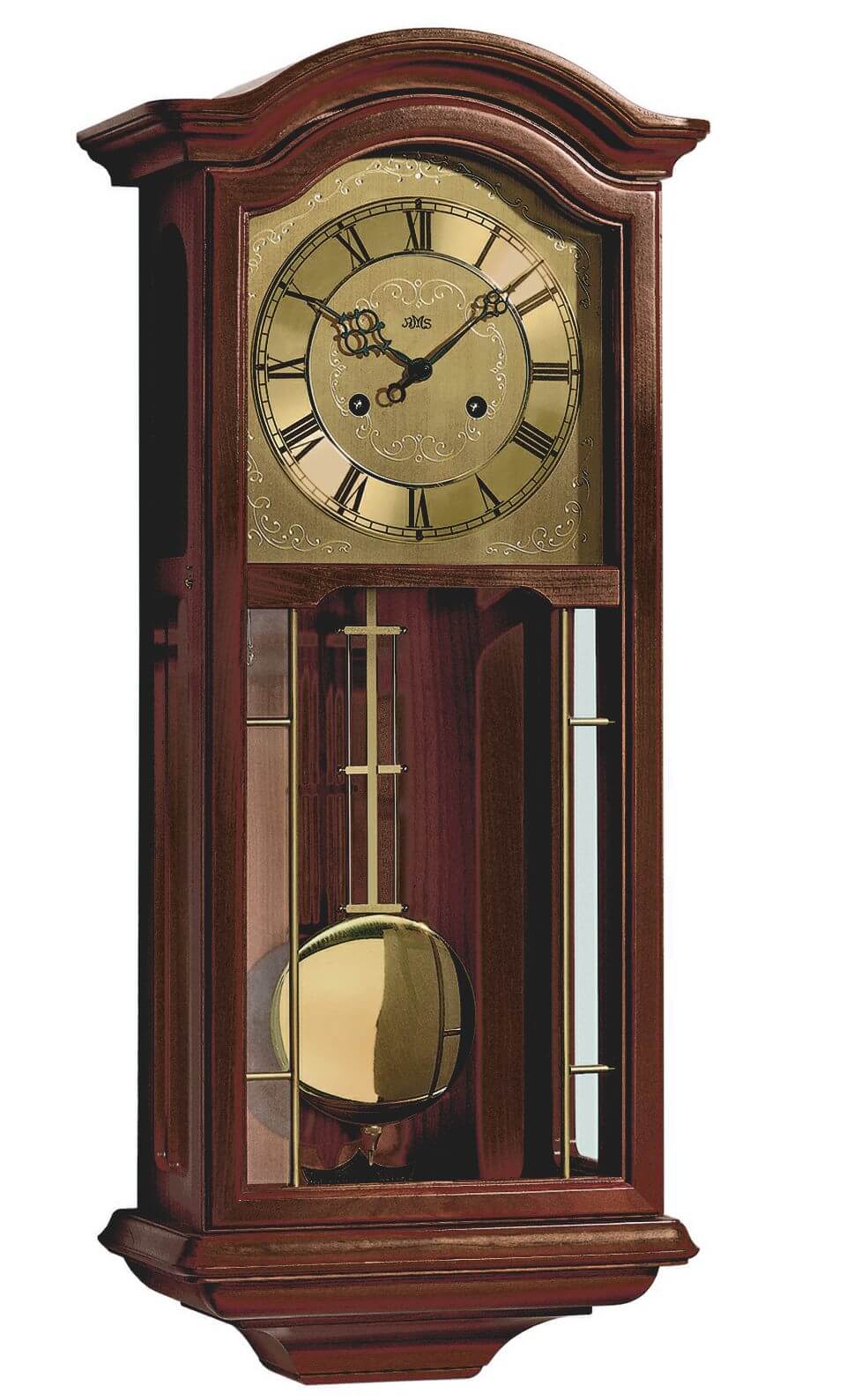 Horloge murale couleur noyer avec boîtier en bois et pendule apparente, cadran romain