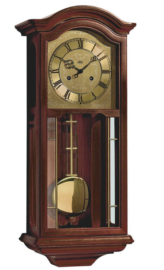 Horloge murale couleur noyer avec boîtier en bois et pendule apparente, cadran romain