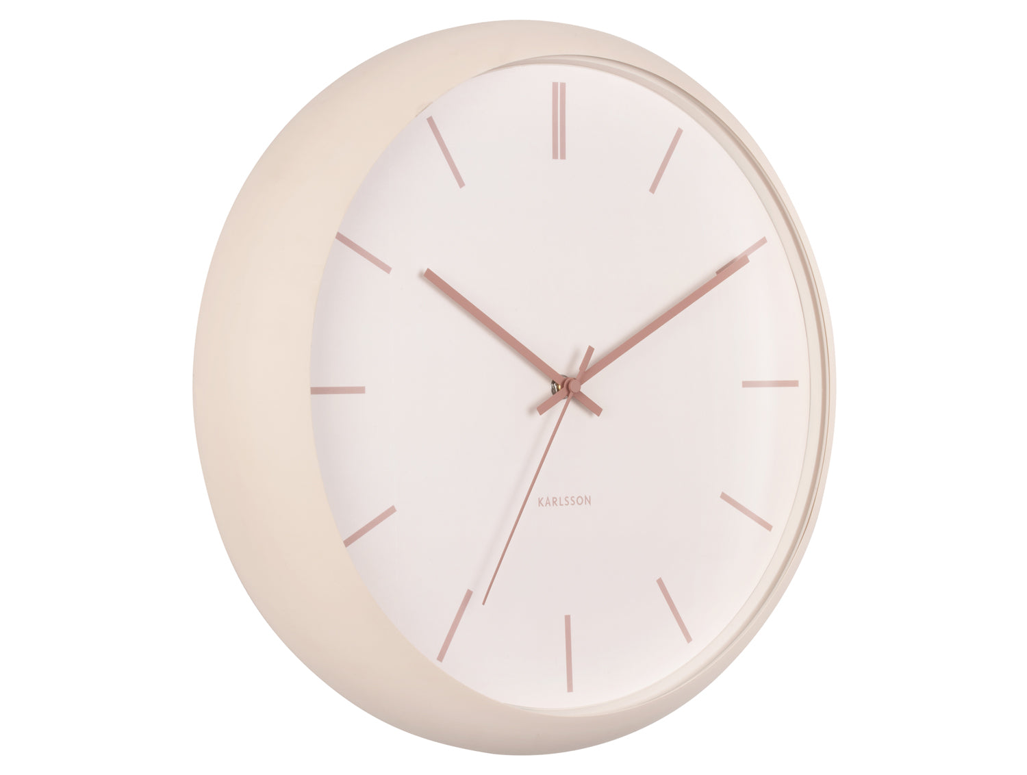 Horloge murale avec cadre rond couleur sable et cadran blanc, aiguilles fines