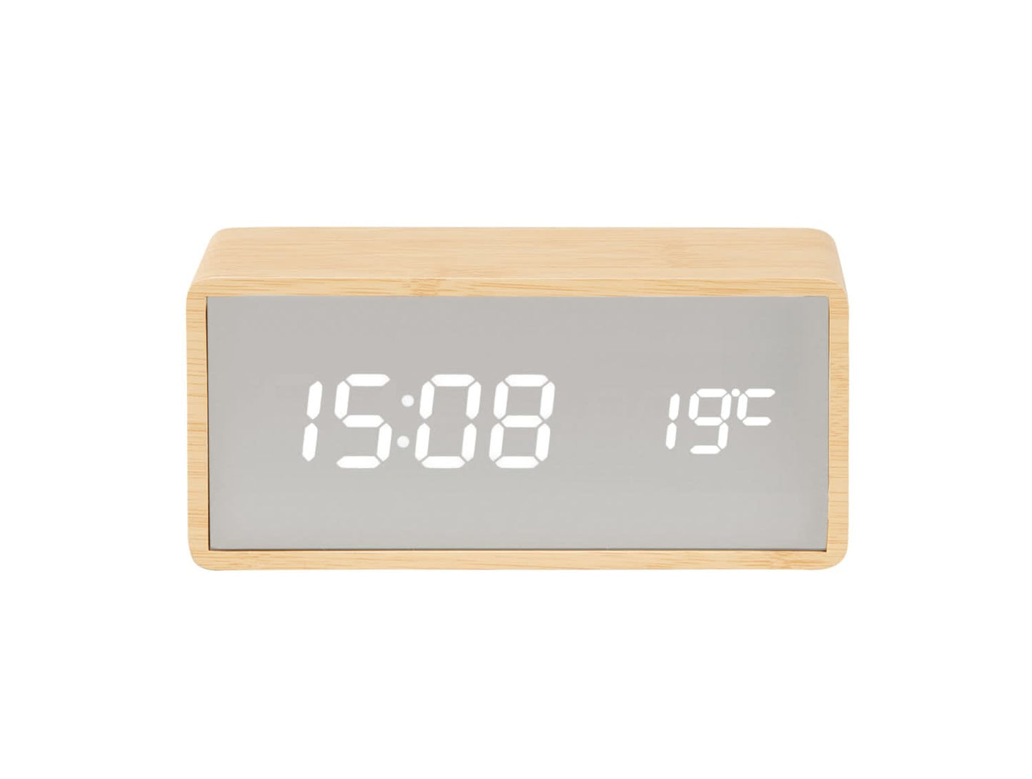 Réveil miroir LED avec boîtier en bois : affichage 15:00, 19°C