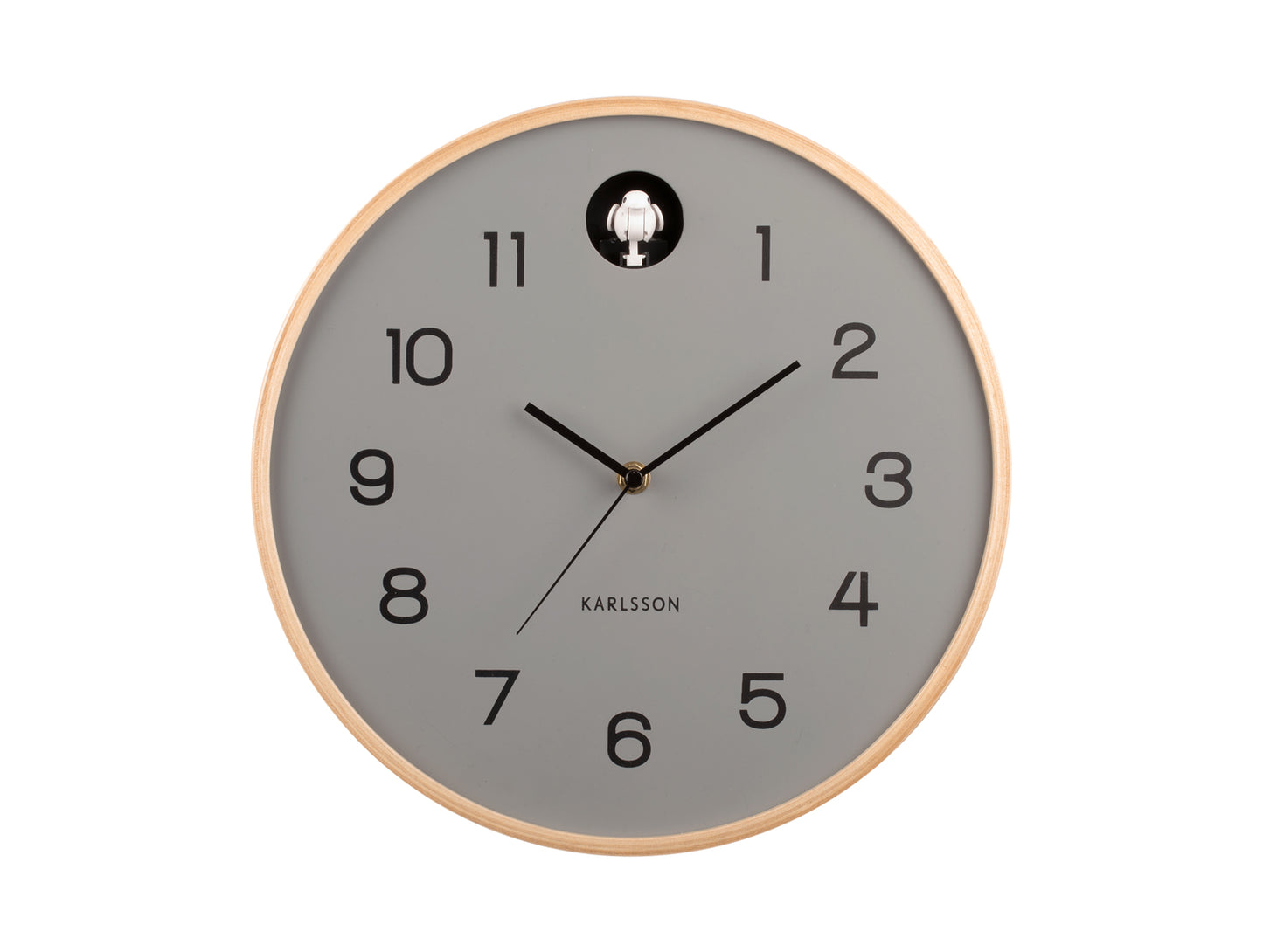 Horloge murale avec cadran gris, cadre en bois clair et figurine de coucou à 12h