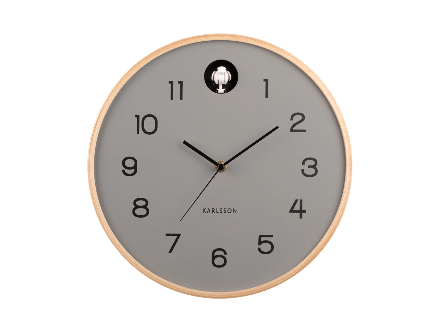 Horloge murale avec cadran gris, cadre en bois clair et figurine de coucou à 12h