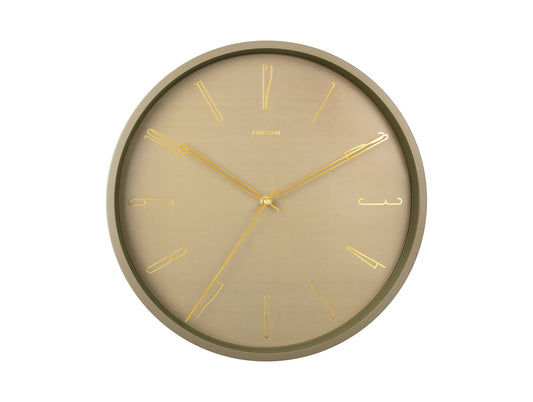 Horloge murale ronde avec cadre vert foncé, aiguilles dorées et cadran beige