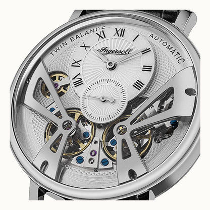 Ingersoll Automatik-Armbanduhr mit silbernem Skelettzifferblatt, römischen Indexen und schwarzem Lederband