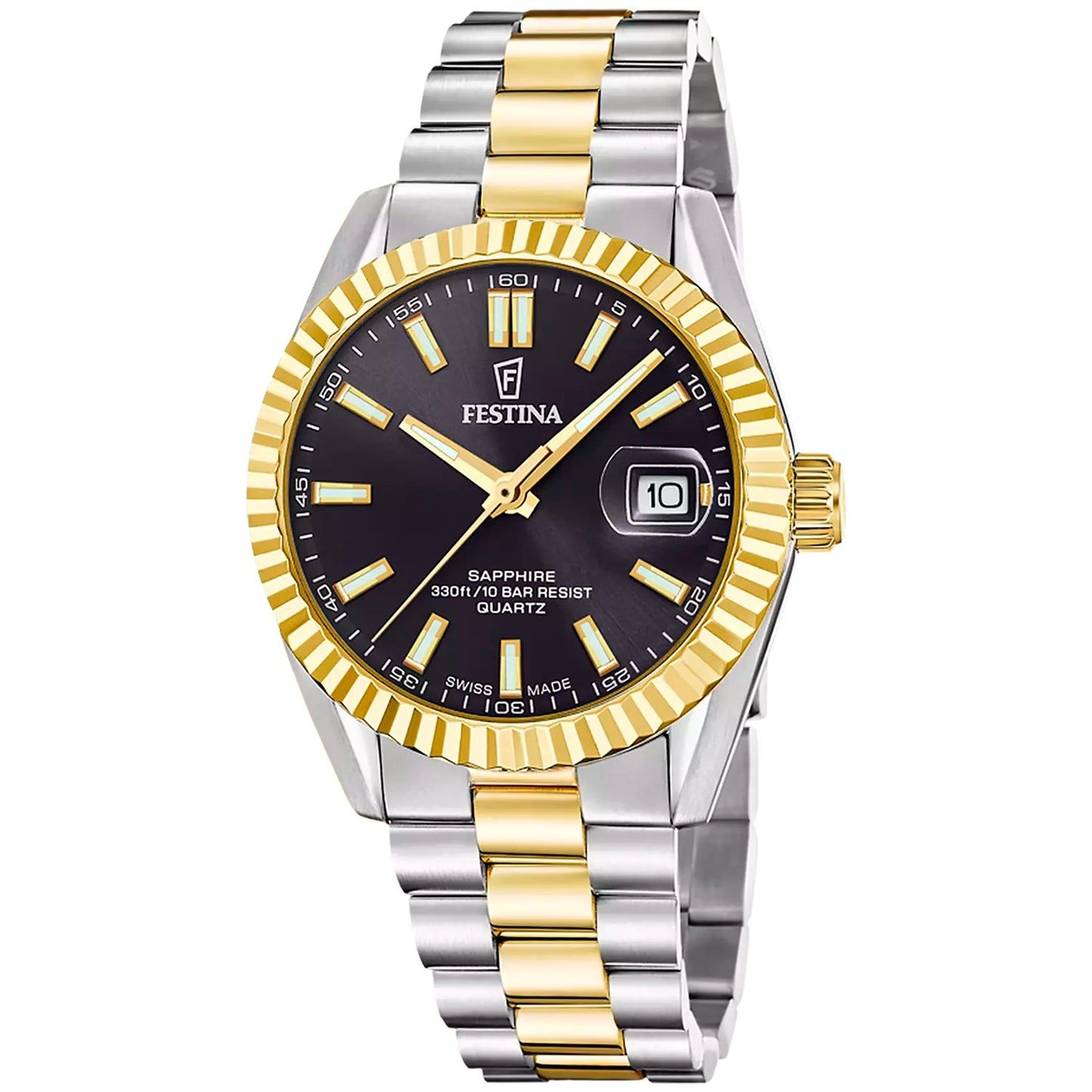 Festina Herrenuhr: dunkelblaues Zifferblatt, goldene Marker, Edelstahlarmband gold-silber