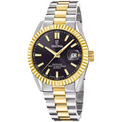 Festina Herrenuhr: dunkelblaues Zifferblatt, goldene Marker, Edelstahlarmband gold-silber