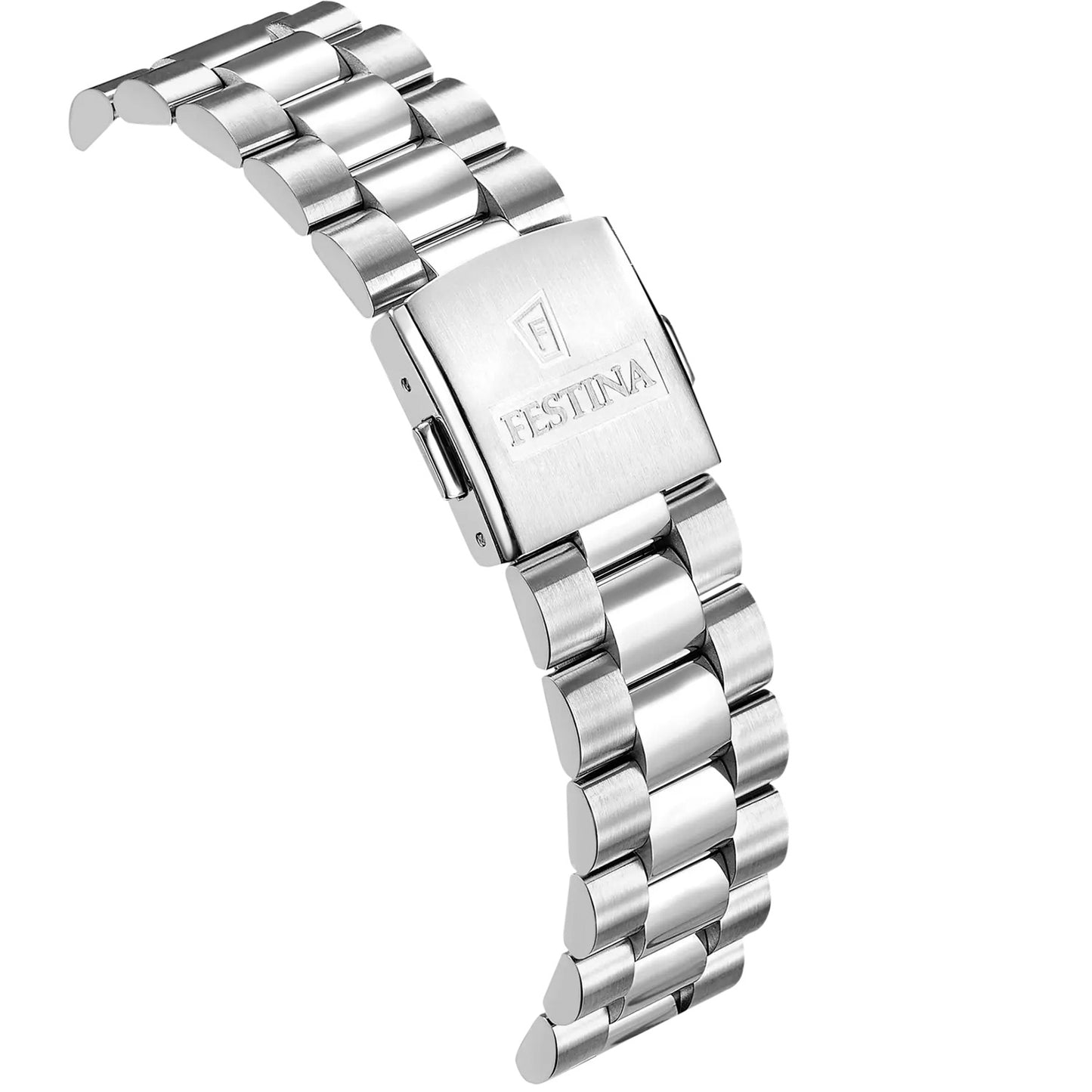 Verschluss einer Herrenarmbanduhr aus Edelstahl mit Prägung und Gliederband