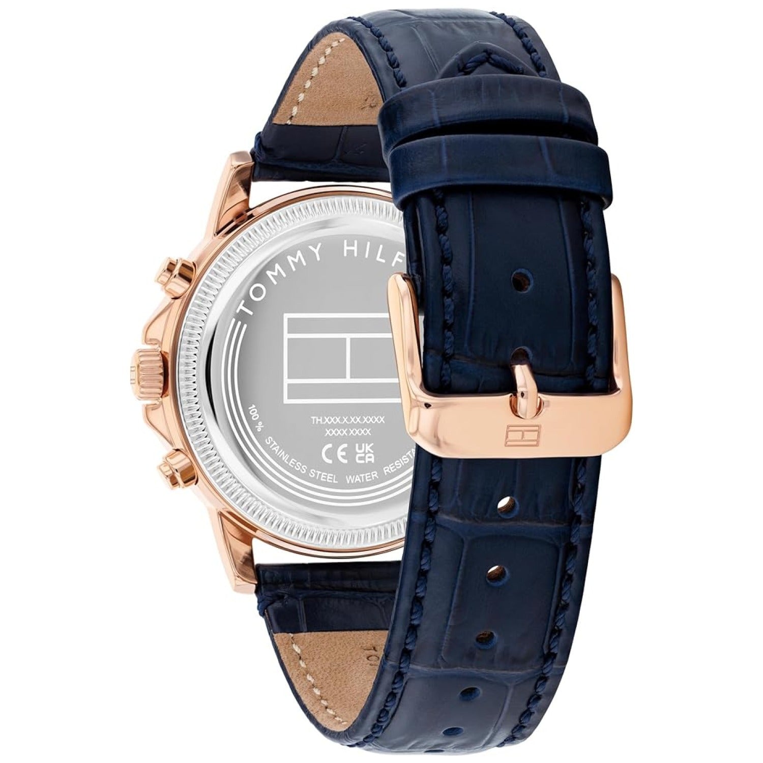 Herrenuhr-Ansicht: blaues Lederarmband, roségoldenes Gehäuse, Rückseite mit Beschriftung