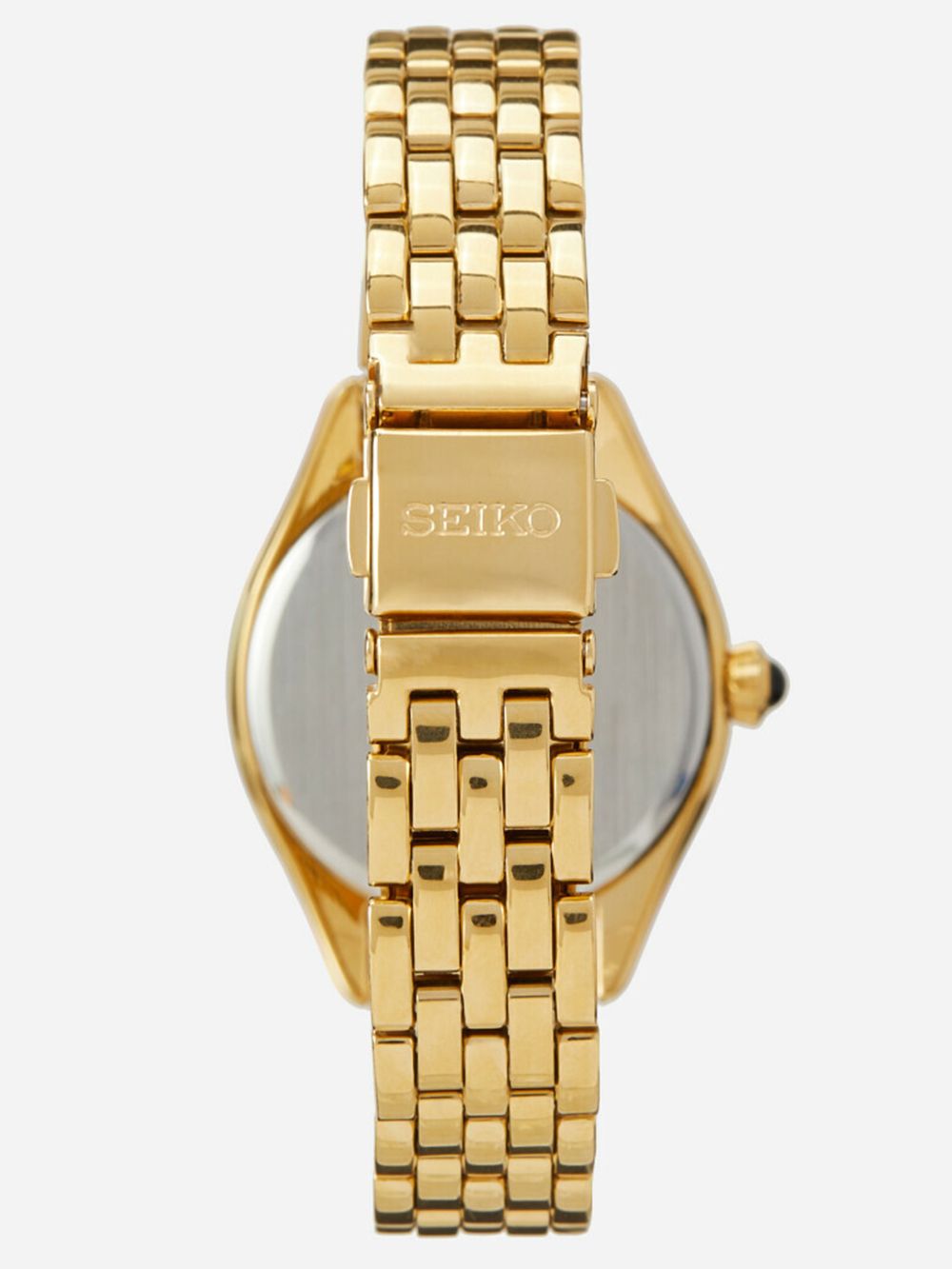 Seiko Damenuhr mit silbernem Zifferblatt und goldfarbenem Gliederarmband, Frontalansicht