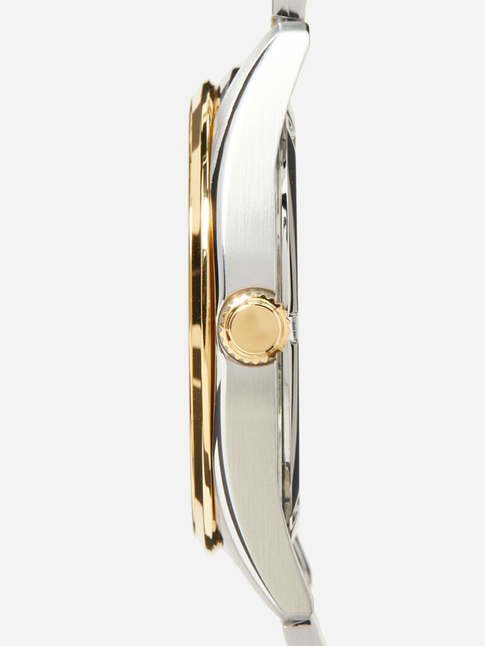 Seiko Herrenuhr, silbernes Gehäuse mit goldener Lünettenkante und Krone